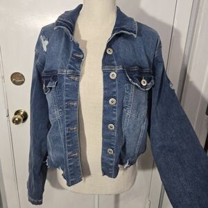 Ashley Stewart Cropped Distressed Denim Jacket Lace Up Detail In Back Sz 18/20
